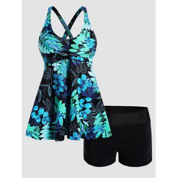 

Tropical Tankini Swimsuit Twisted Flower Leaf Print Swimwear Crisscross Boyshorts Modest Bathing Suit, Multicolor a