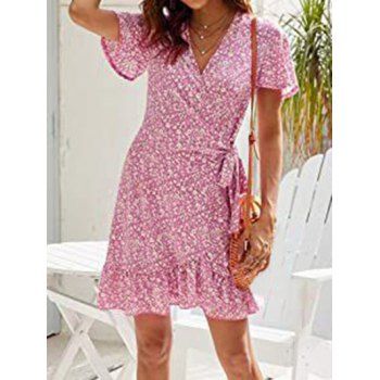 

Vacation Dress Allover Ditsy Flower Print Wrap Dress Self Belted High Waisted Flounce A Line Mini Dress, Multicolor