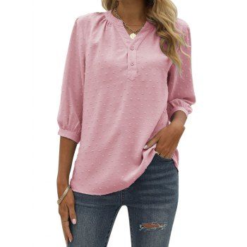 

Swiss Dots Blouse Stand Collar V Notched Curved Hem Half Sleeve Casual Blouse, Light pink