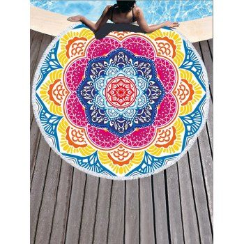 

Bohemian Colored Flower Print Tassel Round Beach Towel, Multicolor