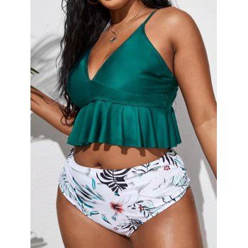 

Plus Size Flower Leaf Print Plunge Tankini Swimsuit Flounce Padded Adjustable Straps Bathing Suit, Deep green