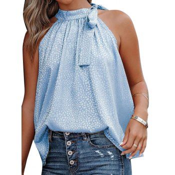 

Leopard Jacquard Allover Print Tank Top Bowknot Stand-up Collar Tank Top, Light blue