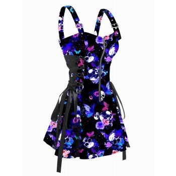 

Gothic Dress Skull Butterfly Print Zip Up Lace Up Adjustable Strap High Waisted A Line Mini Dress, Black