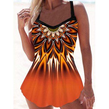 

Tribal Flower Print Tankini Swimsuit Padded Tankini Two Piece Swimwear Adjustable Strap Bathing Suit, Orange