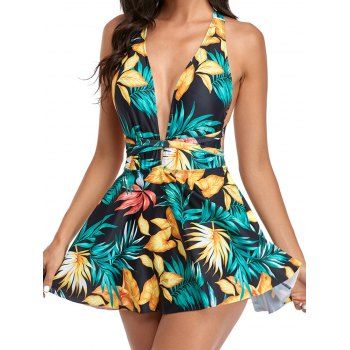 

Tropical One-piece Swimsuit Colored Leaf Print Halter Swimwear Plunge Backless Vacation Bathing Suit, Multicolor