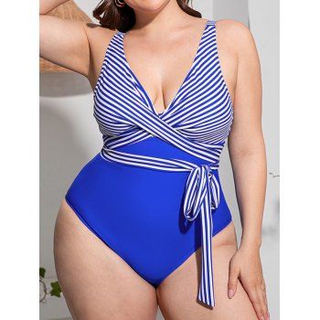 

Plus Size Contrasting Stripe Print One-piece Swimsuit Crossover Padded Adjustable Straps Modest Swimsuit, Blue