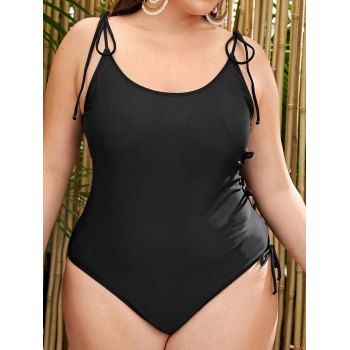 

Plus Size Solid Color One-piece Swimsuit Padded Bowknot Shoulder Straps One-piece Swimwear, Black