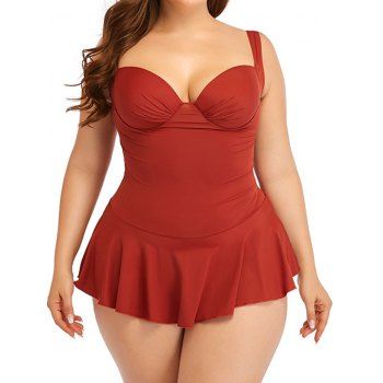 

Plus Size Plain Color Underwire One-piece Swimsuit Ruched Swim Dress, Deep red