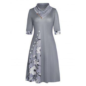 

Flower Print Dress Pleated Mock Button V Neck Half Sleeve A Line Mini Dress, Light gray