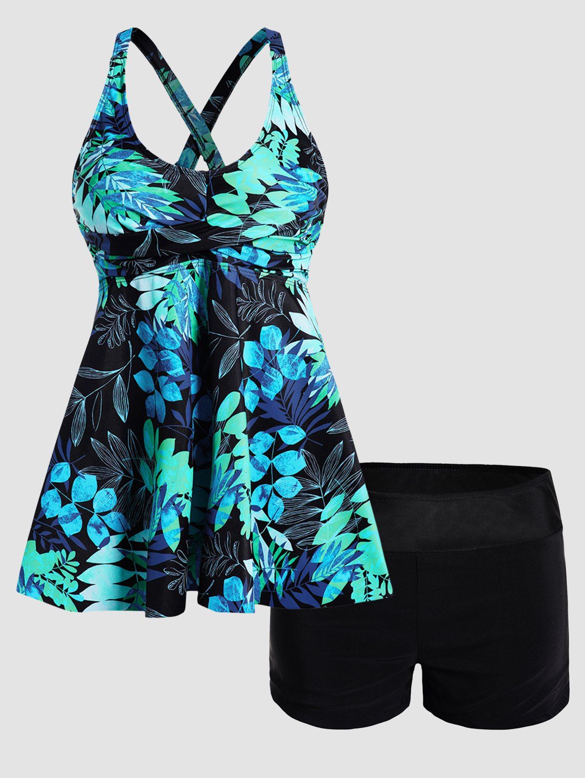 Tropical Tankini Swimsuit Twisted Flower Leaf Print Swimwear Crisscross Boyshorts Modest Bathing Suit - multicolor A 2XL