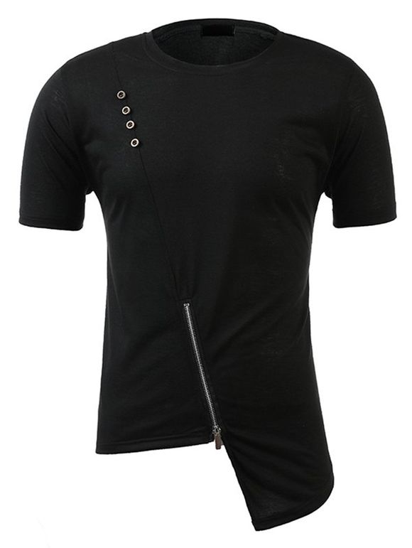 T-shirt Décontracté Asymétrique Zippé en Couleur Unie à Manches Courtes avec Faux Bouton - Noir XXL