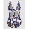 Plus Size Flower Print One-piece Swimsuit Plunging Neck Bowknot Cut Out Monokini Swimwear - multicolor 4XL