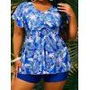 Plus Size Modest Swimsuit Tropical Leaf Print Vacation Two Piece Swimwear Cinched Boyleg Bathing Suit - BLUE 1XL