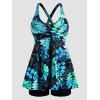 Tropical Tankini Swimsuit Twisted Flower Leaf Print Swimwear Crisscross Boyshorts Modest Bathing Suit - multicolor A 2XL
