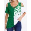 T-shirt Croisé en Blocs de Couleurs à Imprimé Feuille Manches Courtes à Col V - Vert XXL