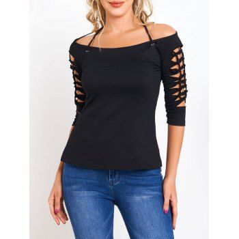 

Cut Out Lace Up Half Sleeve Top Open Shoulder Casual Top, Black