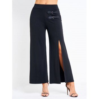 

Solid Color High Slit Wide Leg Pants Buckle Straps Long Loose Pants, Black