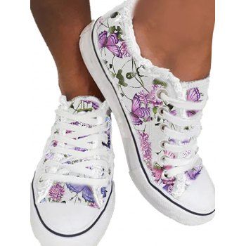 

Floral Print Frayed Lace Up Canvas Casual Sport Flat Shoes, Light purple