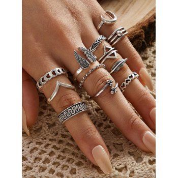 

12 Pcs Rings Set Wings Geometric Heart Trendy Rings, Silver