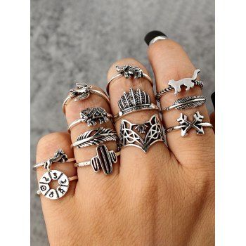 

12 Pcs Rings Set Retro Animals Rings, Silver