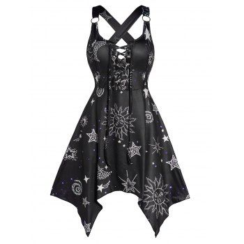 

Celestial Sun Moon Star Print Asymmetric Dress Lace Up O Ring Strap Crossover Mini Dress, Black