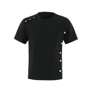 

Short Sleeve Mock Button Embellishment T-shirt Round Neck Casual Tee, Black