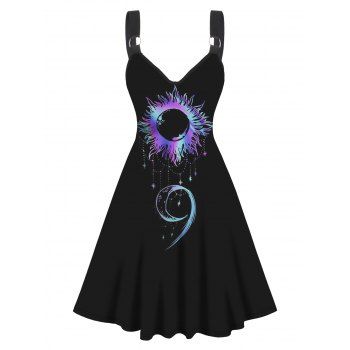 

Sun Moon Star Print Dress Sleeveless O-ring Strap High Waisted A Line Midi Dress, Black