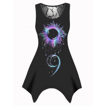 

Sun Moon Star Print Tank Top Lace Panel Asymmetrical Hem Casual Tank Top, Black