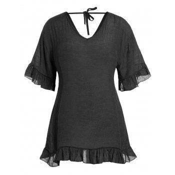 

Plus Size Cover-up Dress Plain Color Flounce Hem Mini Beach Cover-up Dress, Black