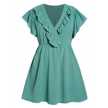 

Plus Size Dress Ruffle Swiss Dots Surplice Plunging Neck High Waisted A Line Mini Dress, Light green