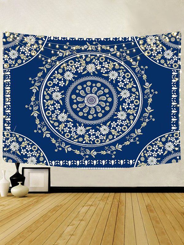 Bohemian Tapestry Flower Print Hanging Wall Home Decor - DEEP BLUE 95 CM X 73 CM