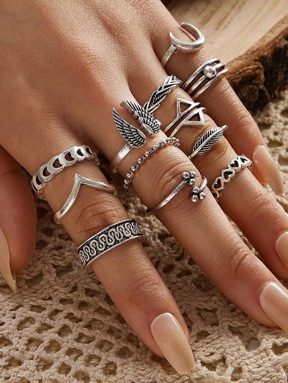 12 Pièces Ensemble de Bague Cœur Géométrique Aile - Argent 