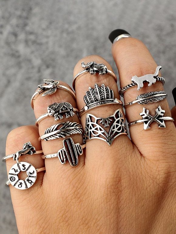12 Pièces Ensemble de Bague Rétro Animal - Argent 