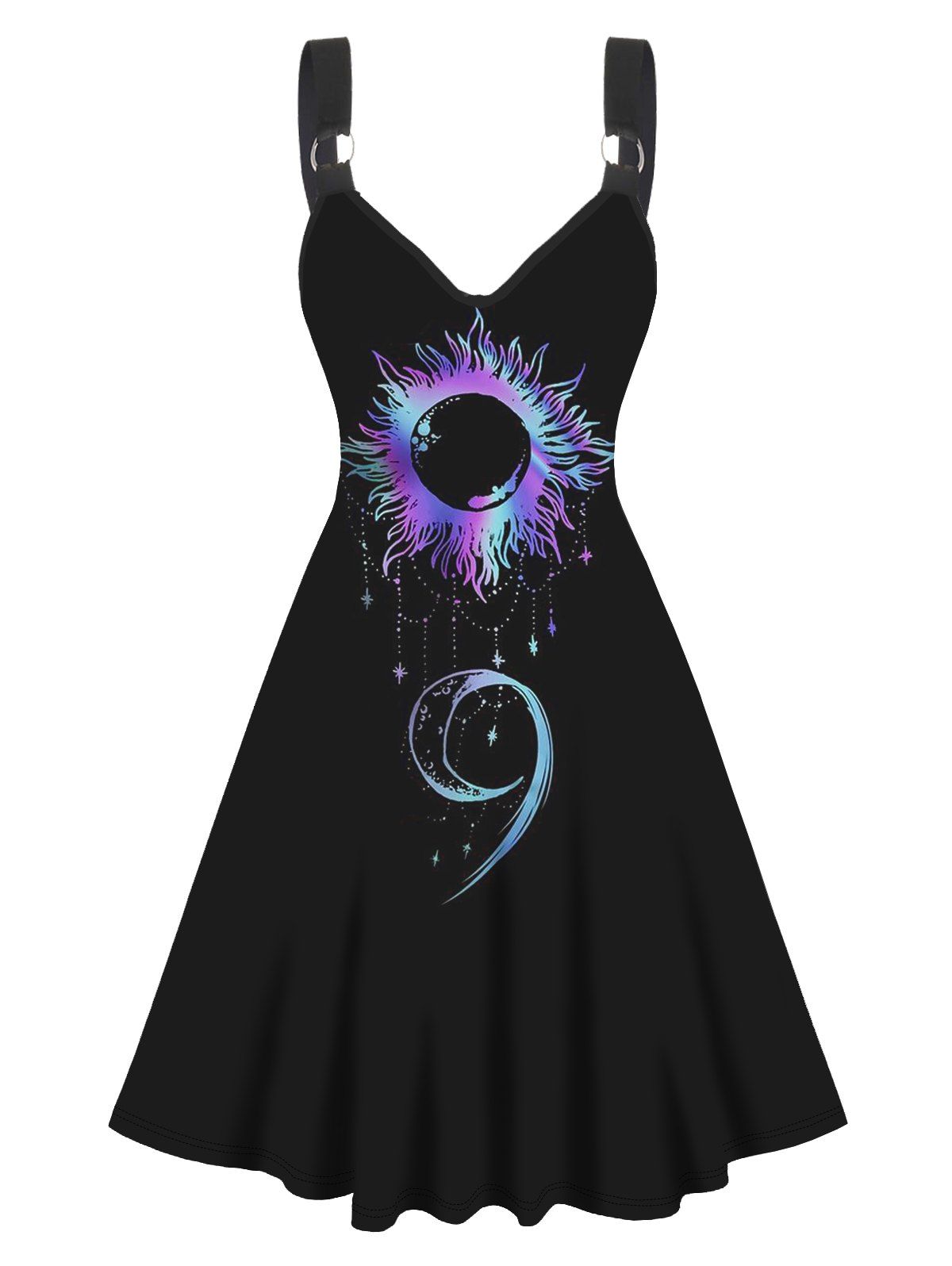 Sun Moon Star Print Dress Sleeveless O-ring Strap High Waisted A Line Midi Dress - BLACK M