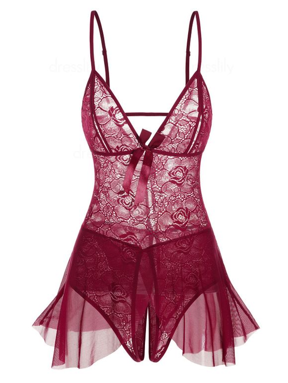 Ensemble de Lingerie Une-Pièce à Bretelle Réglable Fleur en Dentelle en Maille Transparente - Rouge foncé ONE SIZE