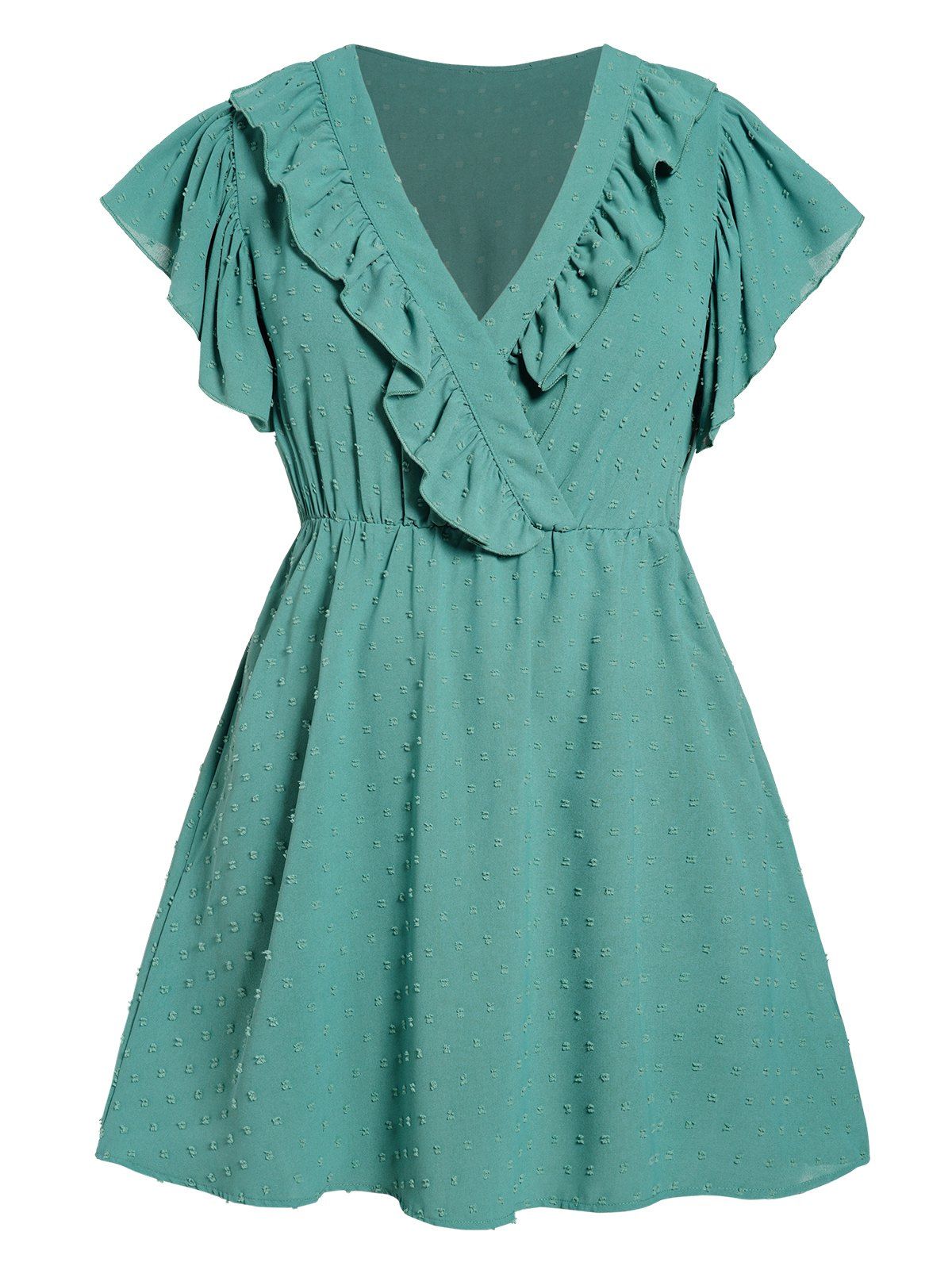 Plus Size Dress Ruffle Swiss Dots Surplice Plunging Neck High Waisted A Line Mini Dress - LIGHT GREEN 1XL