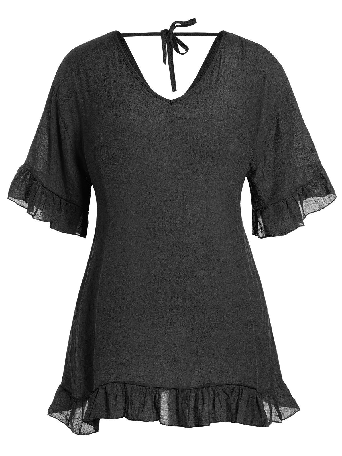Plus Size Cover-up Dress Plain Color Flounce Hem Mini Beach Cover-up Dress - BLACK 3XL