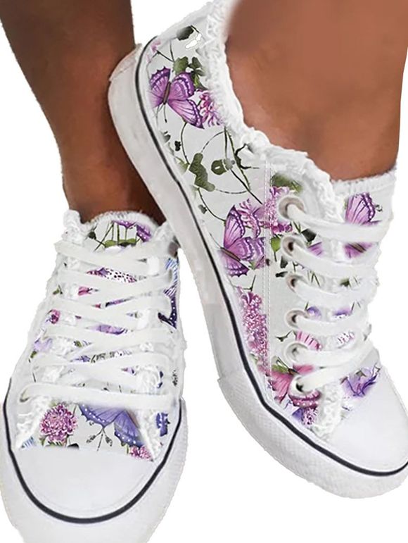 Floral Print Frayed Lace Up Canvas Casual Sport Flat Shoes - Violet clair EU 42
