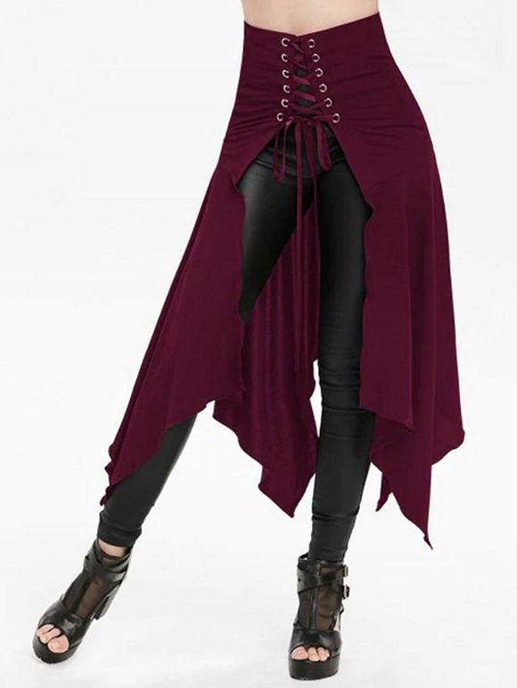 Jupe Mi-Longue Mouchoir Gothique Ouvert en Avant en Couleur Unie à Lacets - Rouge XL