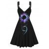 Sun Moon Star Print Dress Sleeveless O-ring Strap High Waisted A Line Midi Dress - BLACK M