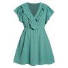 Plus Size Dress Ruffle Swiss Dots Surplice Plunging Neck High Waisted A Line Mini Dress - LIGHT GREEN 1XL