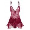 Ensemble de Lingerie Une-Pièce à Bretelle Réglable Fleur en Dentelle en Maille Transparente - Rouge foncé ONE SIZE