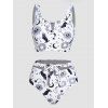 Allover Celestial Sun Moon Star Print Tankini Swimsuit Notched Padded Bowknot Bathing Suit - WHITE XXL