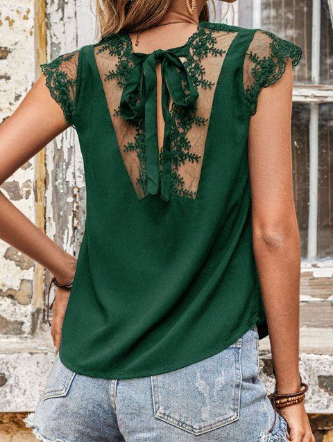 Sheer Lace Panel Low Cut Sleeveless Blouse Solid Color V Neck Casual Blouse