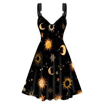 

Celestial Sun Moon Star Print Dress O Ring V Neck Sleeveless Cami Dress, Black