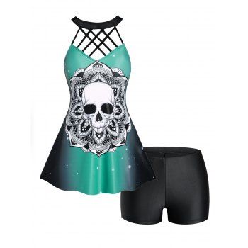 

Gothic Tankini Swimsuit Skull Flower Ombre Lattice Strap Swimwear Crisscross Backless Boyshorts Beach Bathing Suit, Black