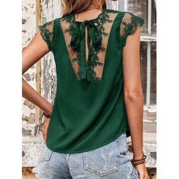 

Sheer Lace Panel Low Cut Sleeveless Blouse Solid Color V Neck Casual Blouse, Deep green