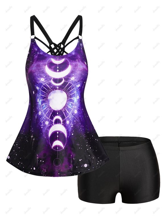 Ensemble de Bikini de Bain Tankini Rembourrée à Imprimé Lune en Treillis à Bretelle de Swimwear de Vacance - Noir S