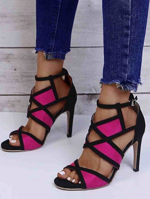 Two Tone Color Cut Out Buckle Strap High Heels Open Toe Casual Outdoor Sandals