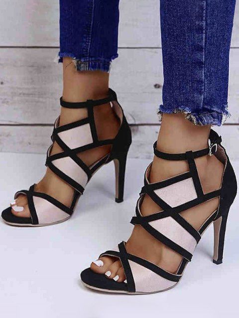 Two Tone Color Cut Out Buckle Strap High Heels Open Toe Casual Outdoor Sandals
